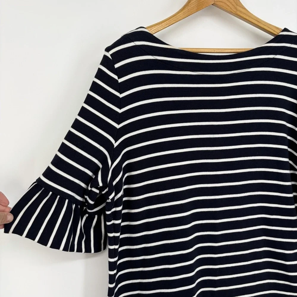 Talbots Striped Bell Sleeve Shift Dress XL Cotton Navy White Nautical Summer - Picture 2 of 10